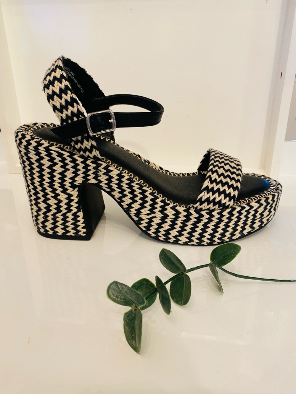 Women’s Black Cream Woven Platform Sandals Chunky Heel Ankle Strap 70s Boho Reso